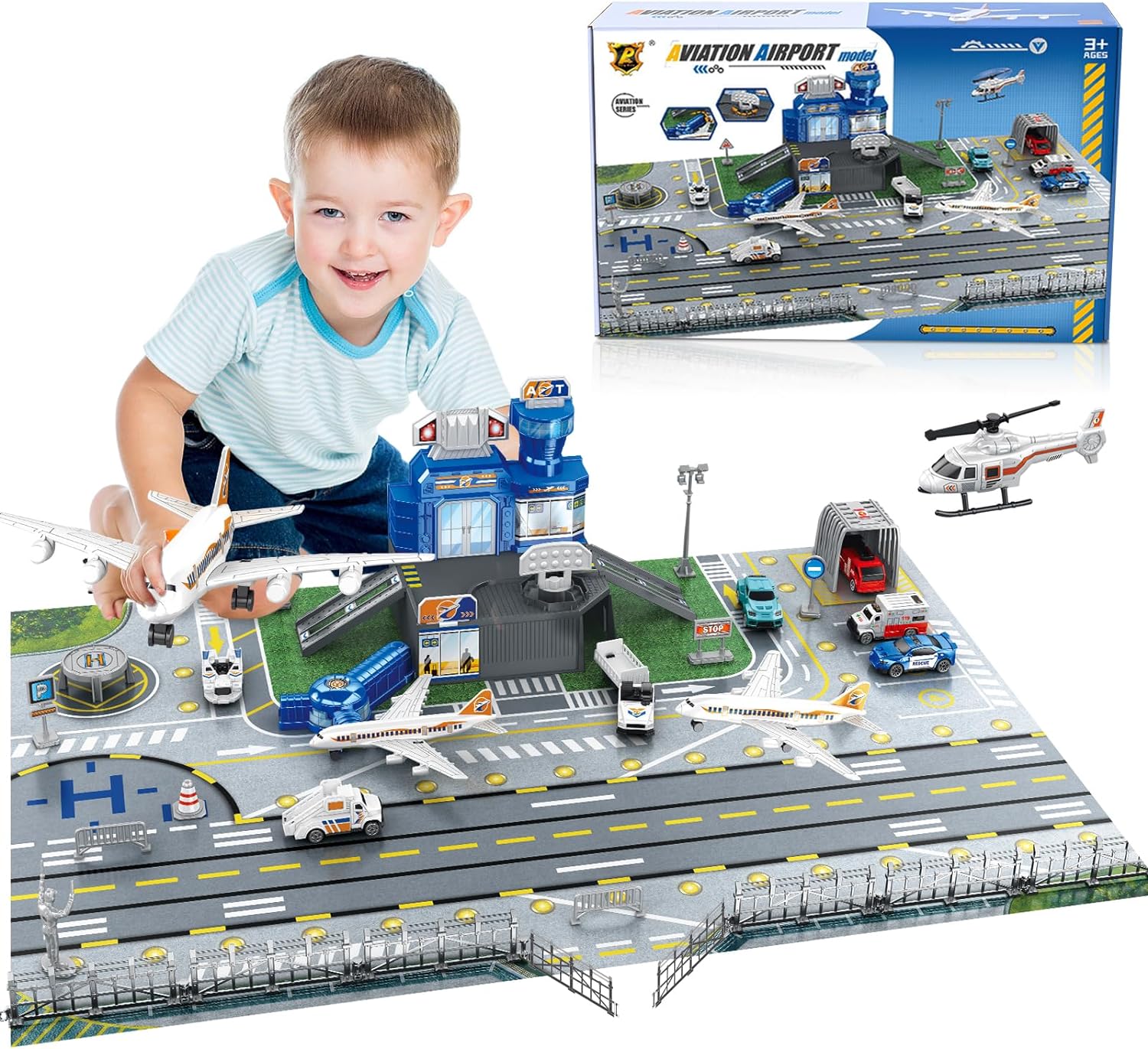 Model Airplane Plastic - ชุดของเล่นฉากสนามบินสำหรับเด็กพร้อมรถยนต์ เฮลิคอปเตอร์ เครื่องบิน หอคอย และแผ่นรองเล่นสนามบิน โมเดลเครื่องบินขนส่ง