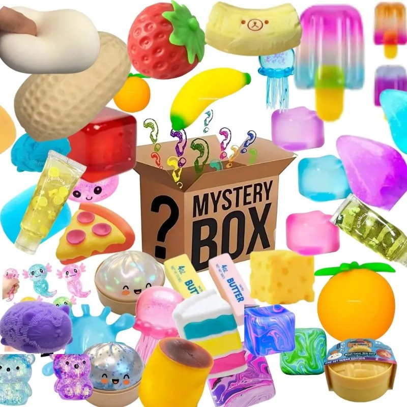 Mystery Box Blind Bag - กล่องของเล่นเซอร์ไพรส์ 100+ ชิ้น ของเล่นแปลกใหม่ บรรเทาความเครียด ตุ๊กตาบีบได้หลากหลายแบบ